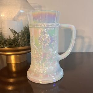 Vintage Federal Iridescent Milk Glass White Beer Stein Tavern Scene